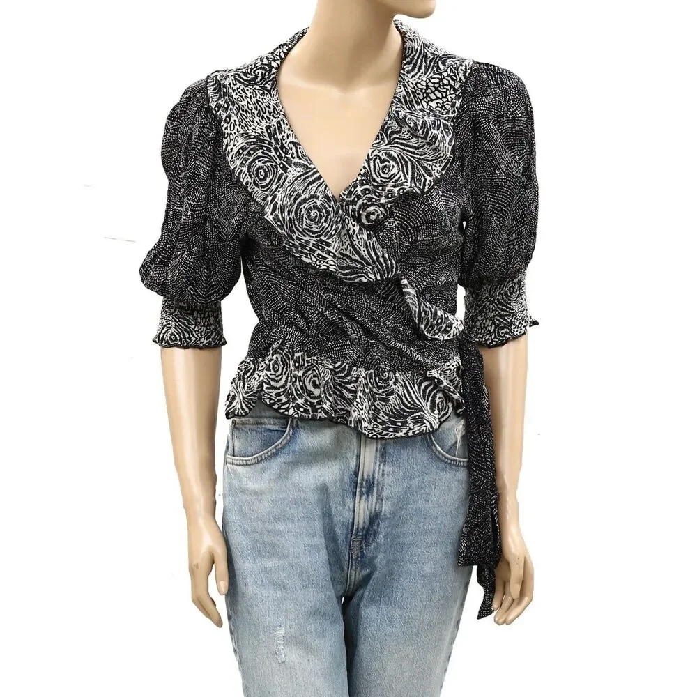 Free People Nully Olivia Wrap Top Blouse Short-Sleeves Black Printed S 287036 - Picture 5 of 9